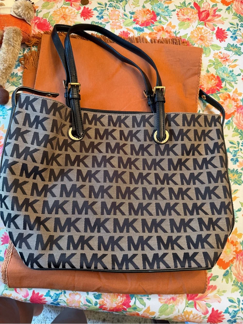 Michael Kors Brown Canvas MK Logo Tote with Black Trim